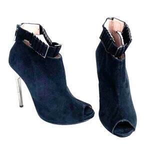 Herve Leger Willow Black Suede Peep Toe Metal Ankle Strap Heel Booties EU37/US7